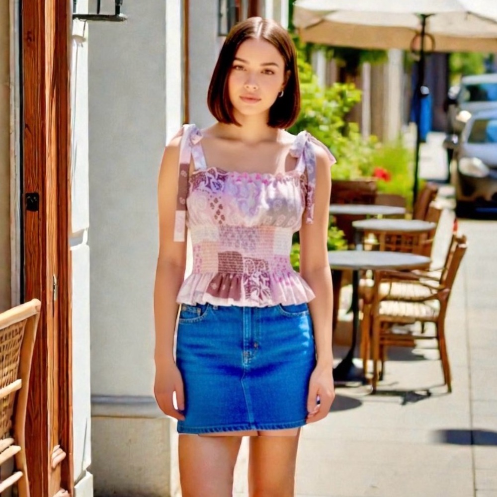 Wilfred Pink and Brown Patchwork Top ruffle details adjust tie straps Y2K vibes
